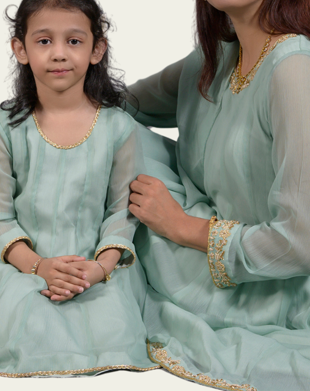 Mint Green Frock-Style Chiffon Suit with Kora & Dabka Hand Embroidery - View 6