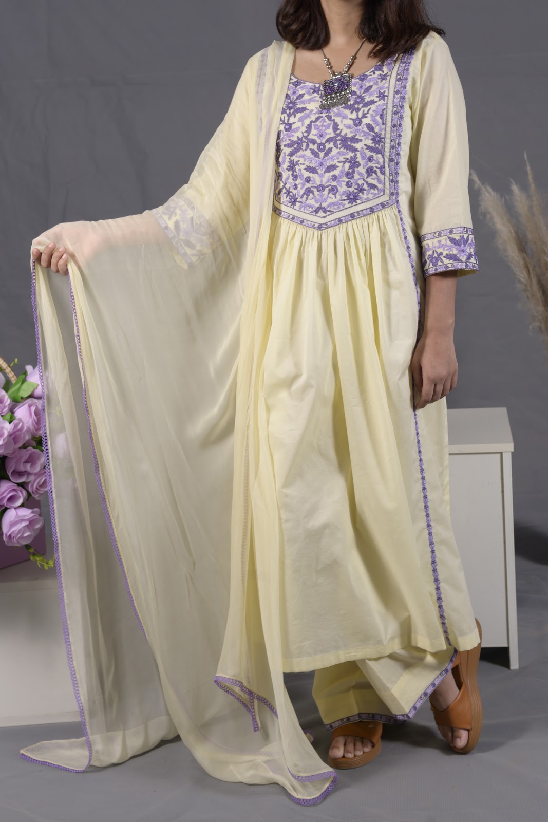 Pastel Lemon Yellow Hand Embroidered Cotton 3-Piece Suit - View 8