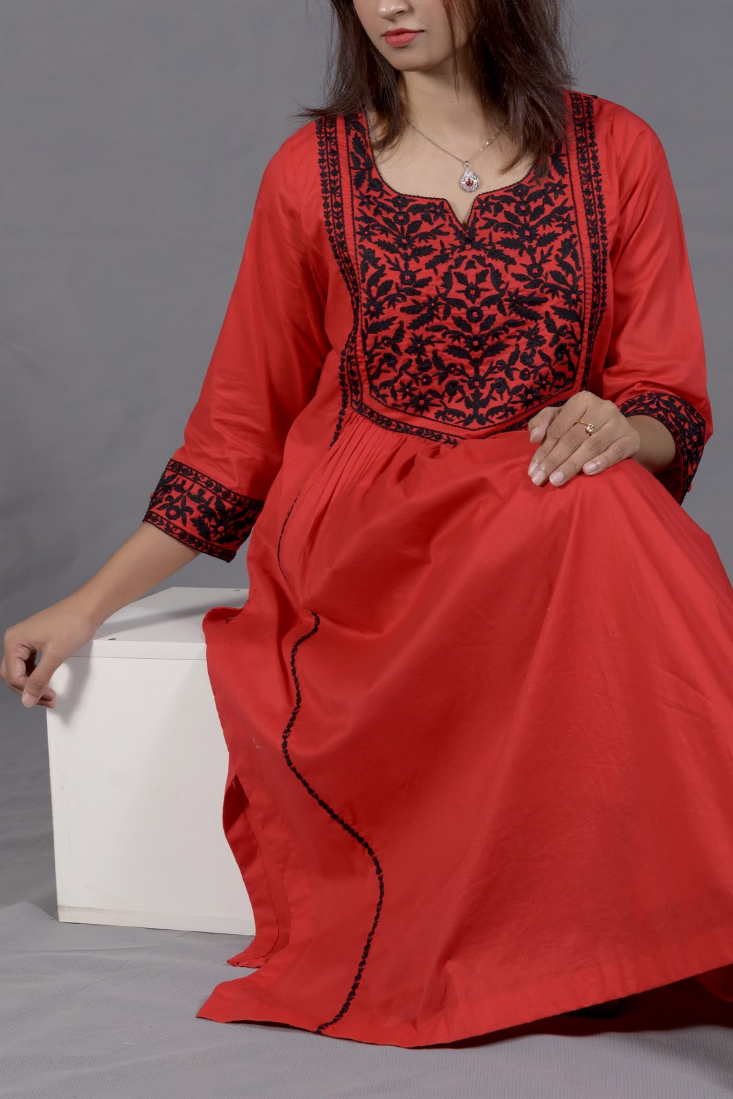 Black & Red Hand Embroidered Cotton Suit with Matching Bag - View 11