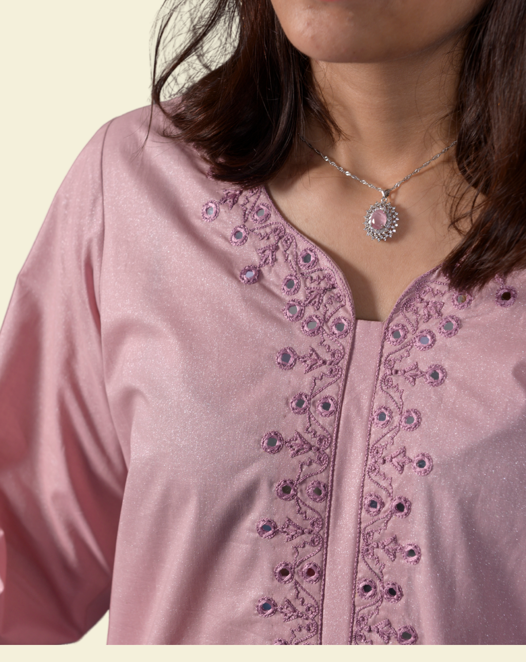 Purple Shimmer Cotton 3-Piece Suit with Hand Mirror Embroidery - View 4