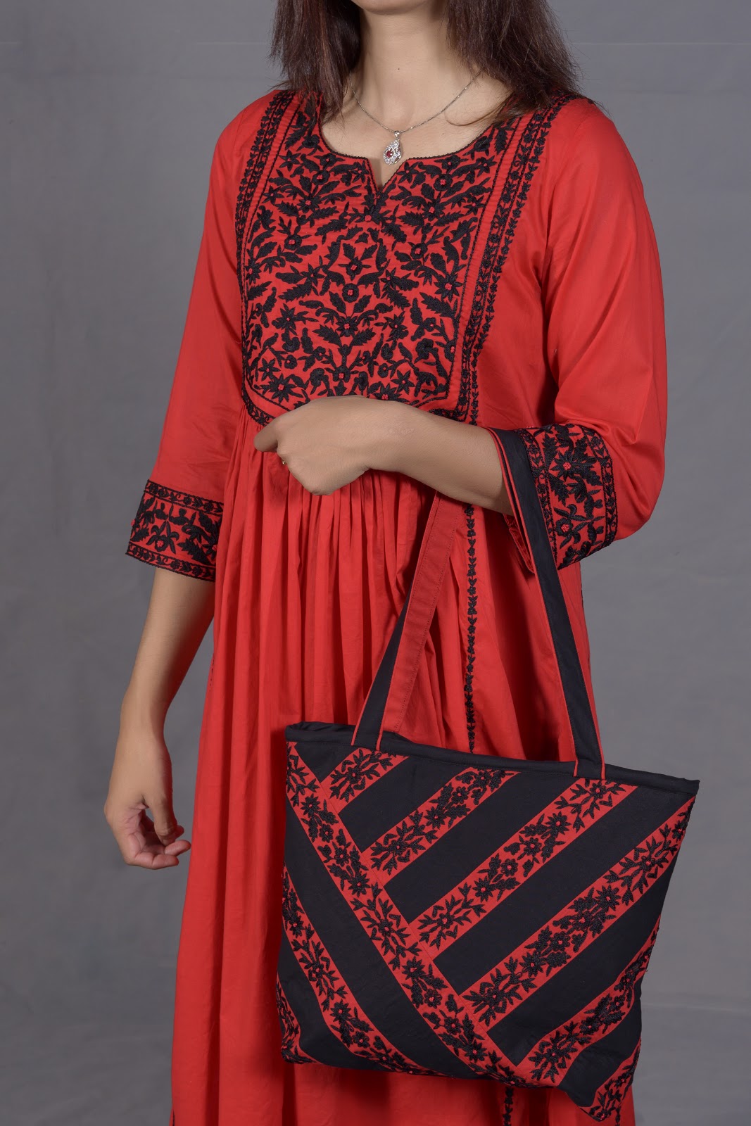 Black & Red Hand Embroidered Cotton Suit with Matching Bag - View 6