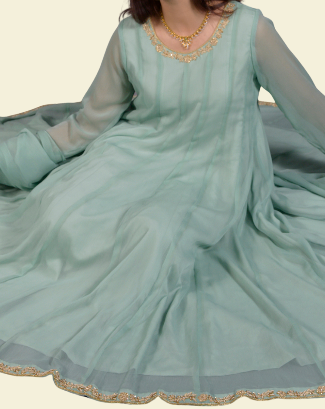 Mint Green Frock-Style Chiffon Suit with Kora & Dabka Hand Embroidery - View 3