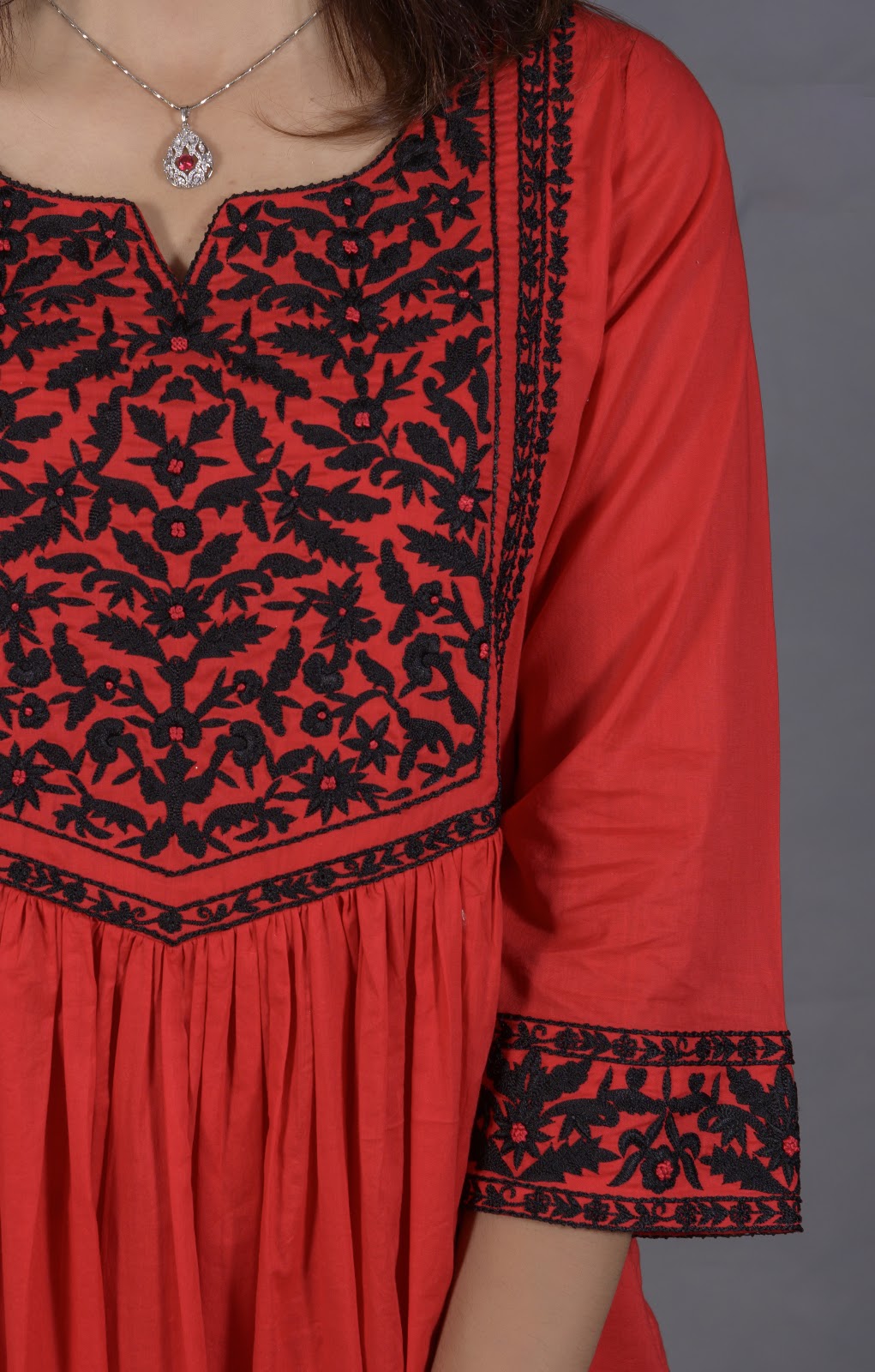 Black & Red Hand Embroidered Cotton Suit with Matching Bag - View 13