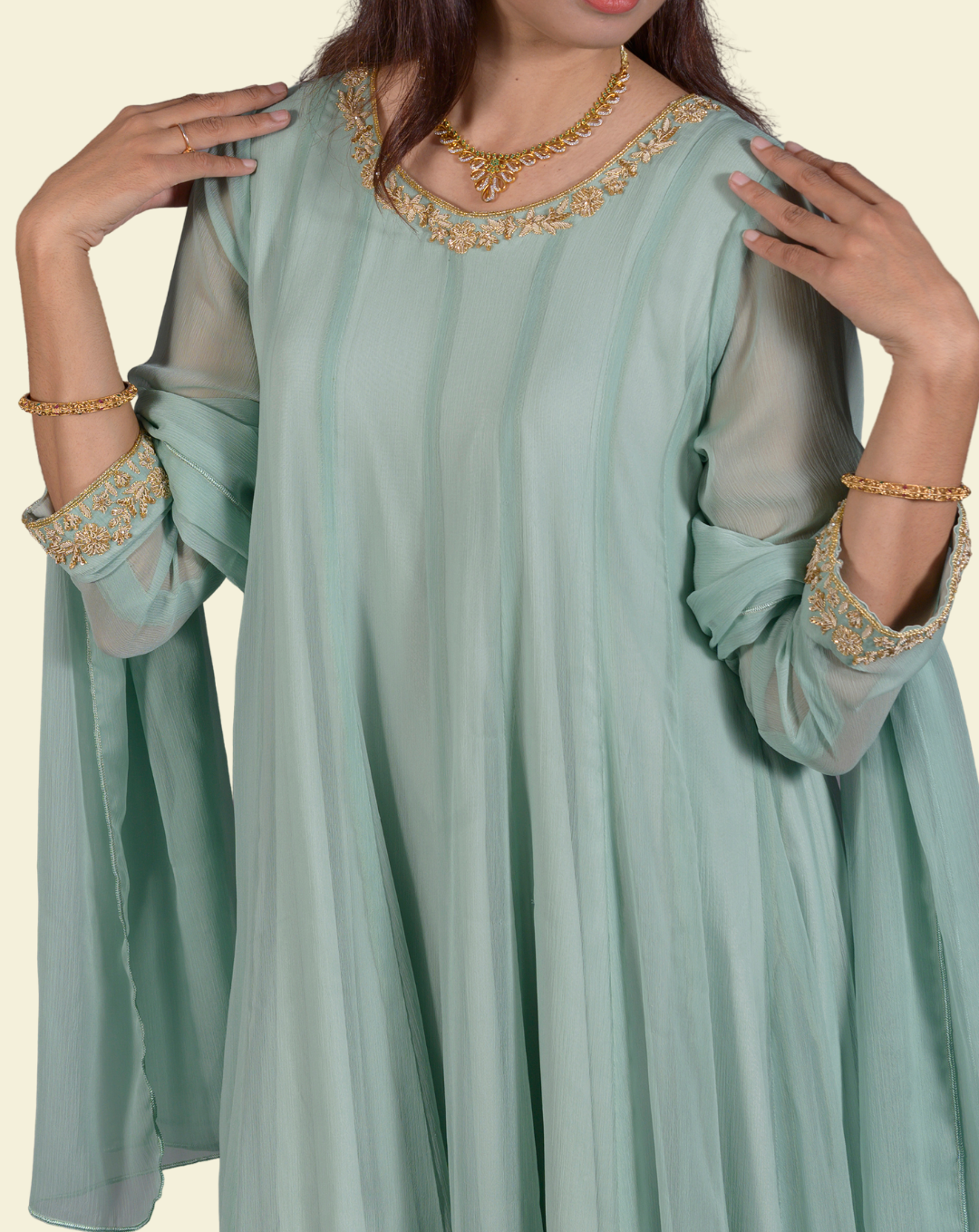 Mint Green Frock-Style Chiffon Suit with Kora & Dabka Hand Embroidery - View 2