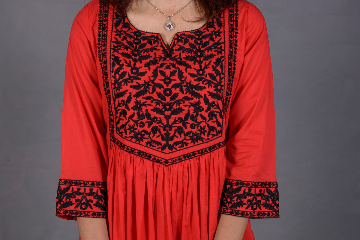 Black & Red Hand Embroidered Cotton Suit with Matching Bag - View 5