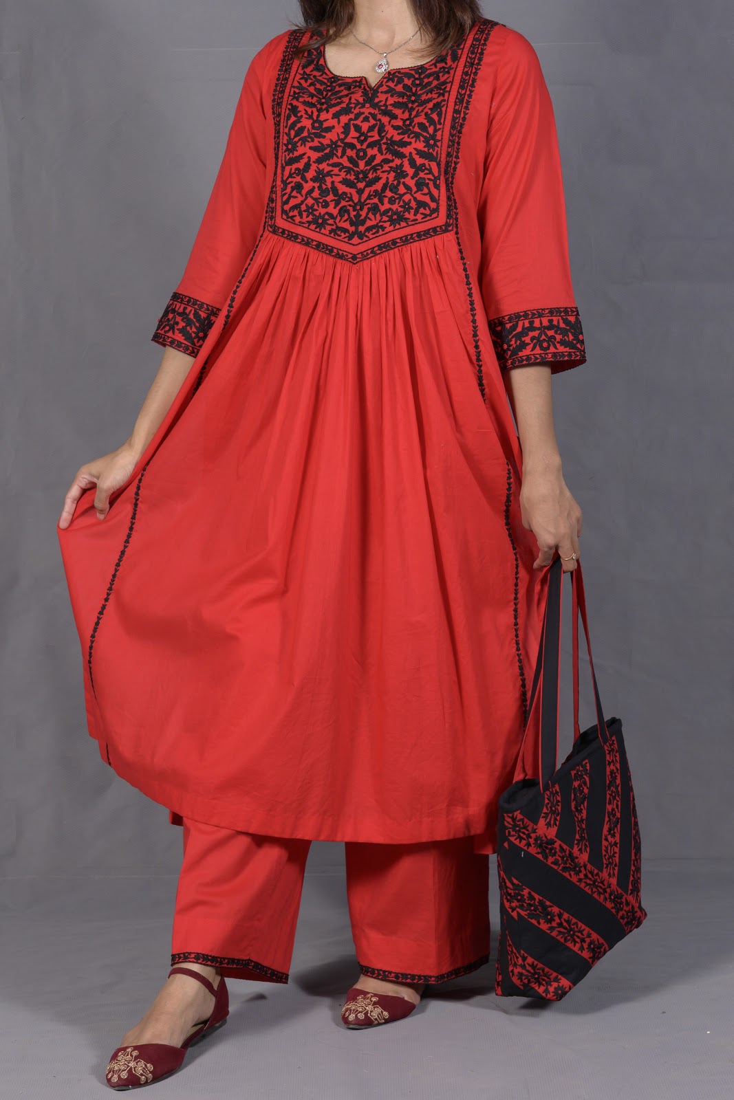 Black & Red Hand Embroidered Cotton Suit with Matching Bag - View 2