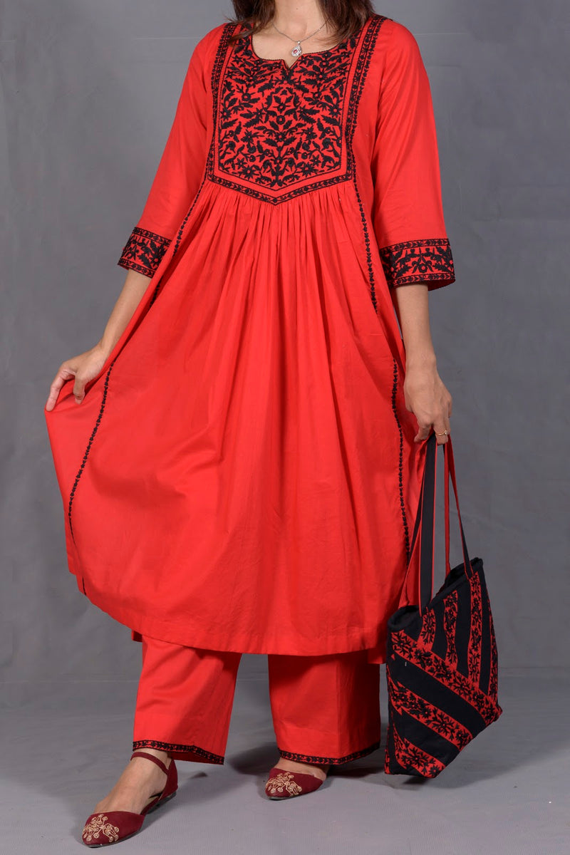 Black & Red Hand Embroidered Cotton Suit with Matching Bag &ndash; View 2