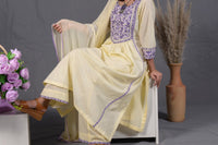 Hand-crafted embroidery and fabric detail of Pastel Lemon Yellow Hand Embroidered Cotton 3-Piece Suit - JFS964 | Joycelyn Fashion