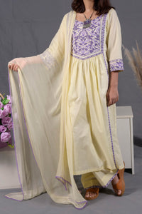 Pastel Lemon Yellow Hand Embroidered Cotton 3-Piece Suit - Editorial Lookbook Angle 8 - JFS964 | Joycelyn Fashion
