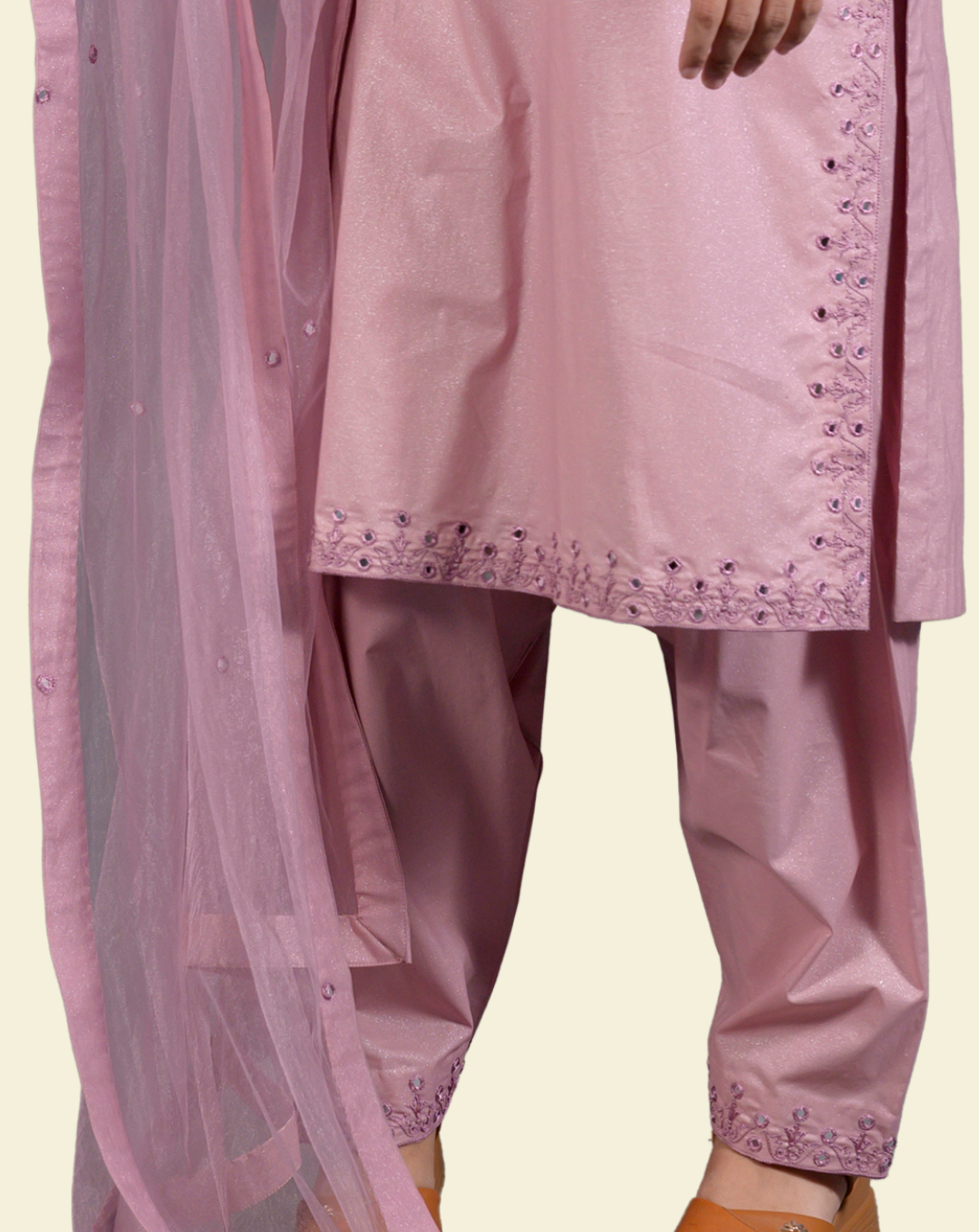 Purple Shimmer Cotton 3-Piece Suit with Hand Mirror Embroidery - View 3