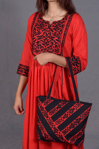 Black & Red Hand Embroidered Cotton Suit with Matching Bag - Editorial Lookbook Angle 6 - JFS965 | Joycelyn Fashion