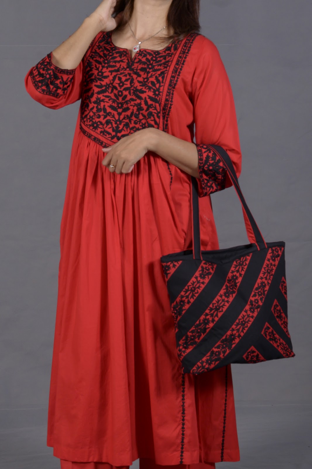 Black & Red Hand Embroidered Cotton Suit with Matching Bag