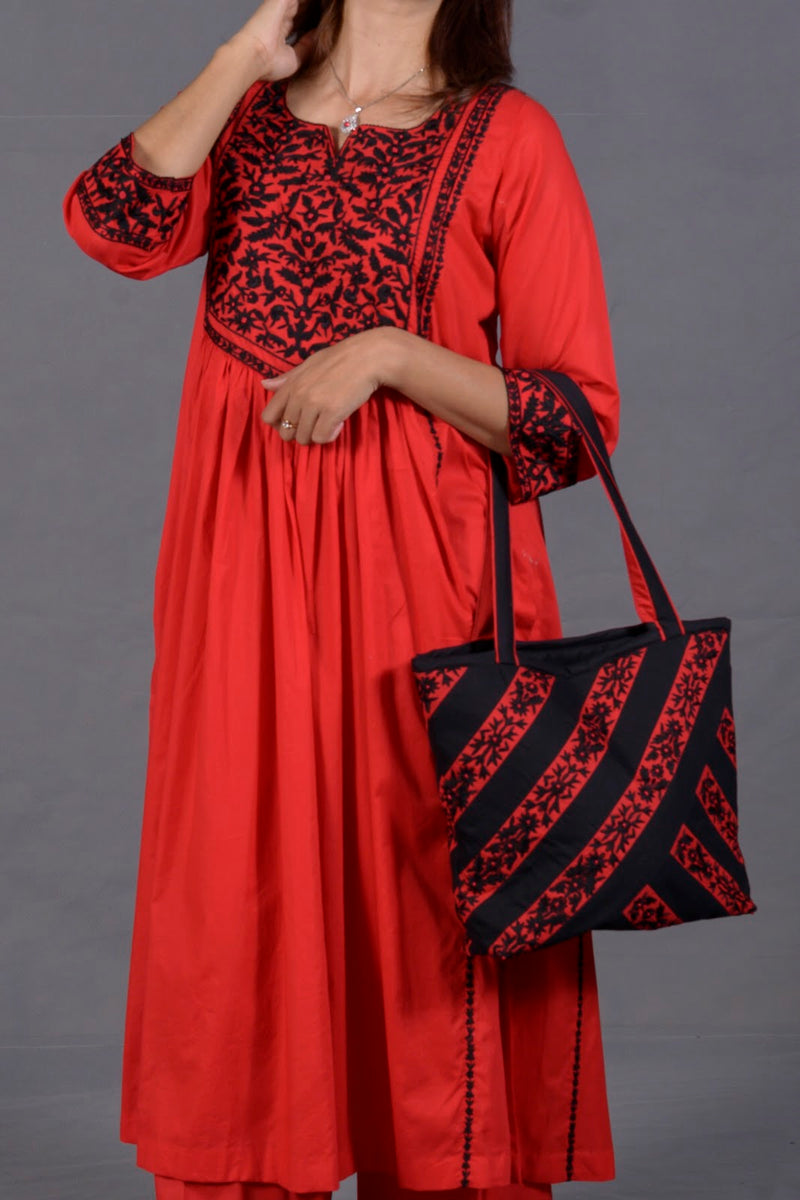 Black & Red Hand Embroidered Cotton Suit with Matching Bag &ndash; View 1