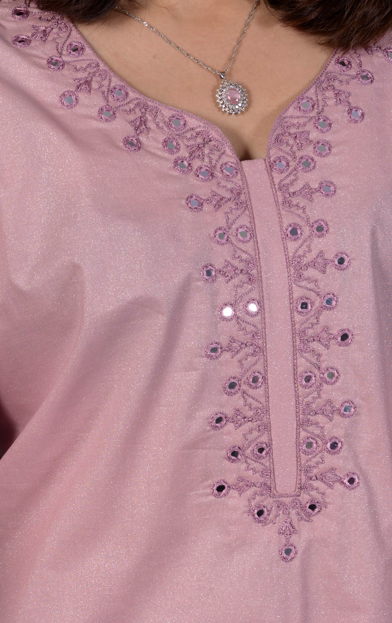Pink Rose Shimmer Cotton 3-Piece Suit with Hand Mirror Embroidery &ndash; View 1