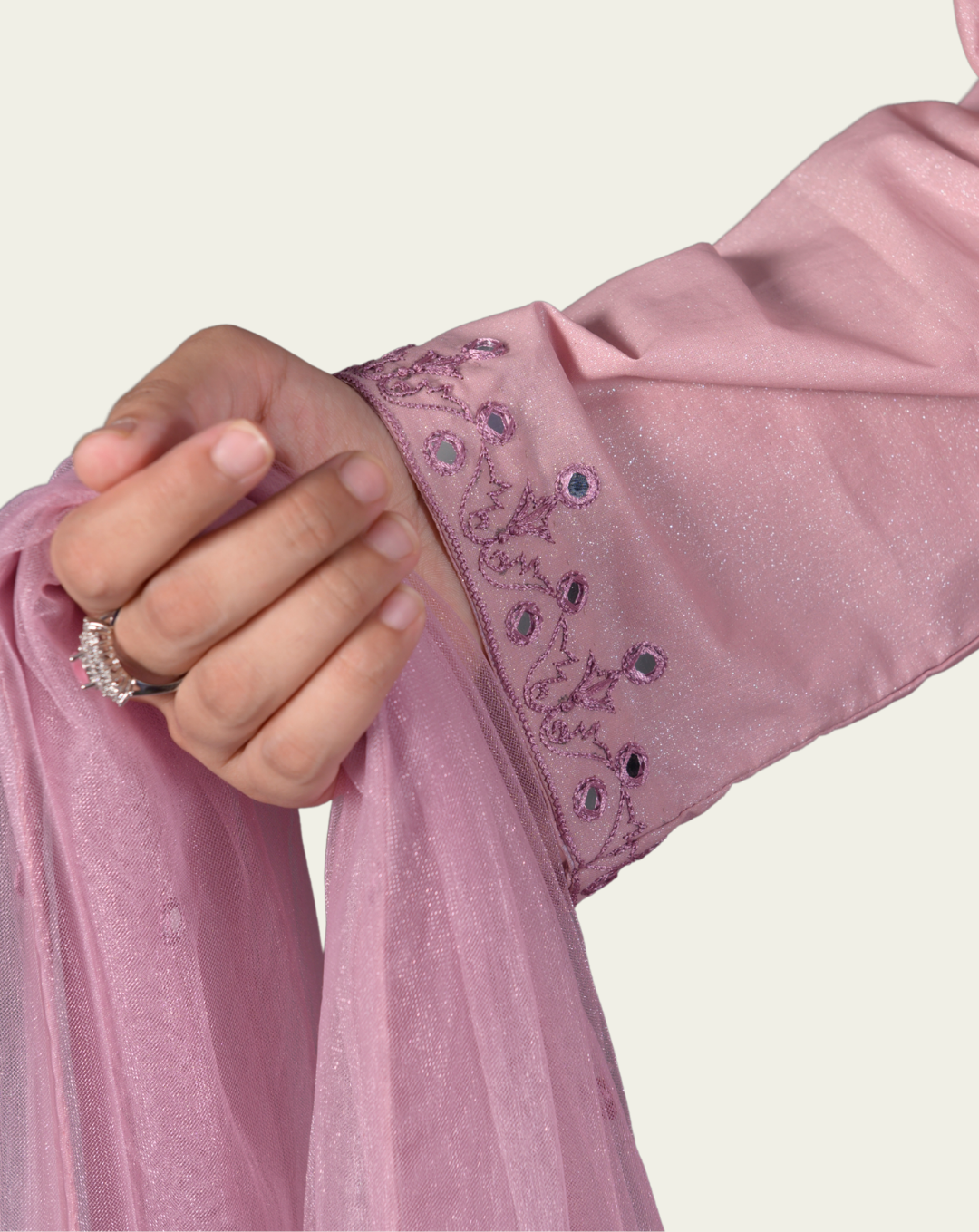 Pink Rose Shimmer Cotton 3-Piece Suit with Hand Mirror Embroidery - View 6