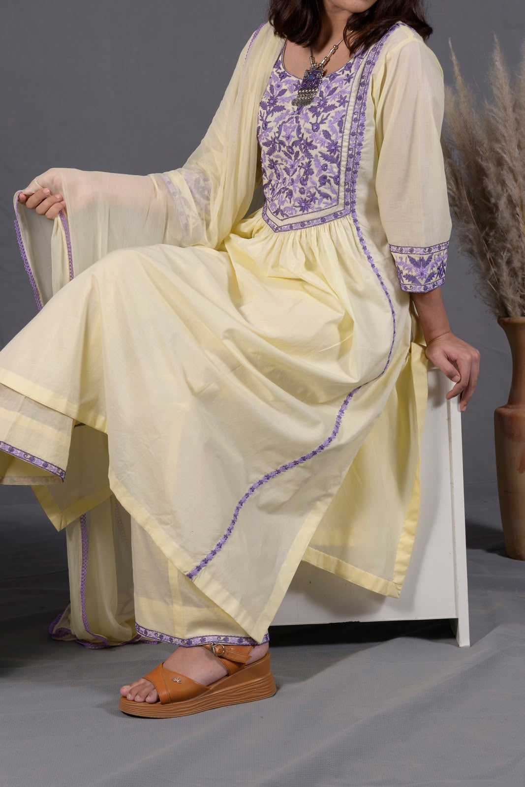 Pastel Lemon Yellow Hand Embroidered Cotton 3-Piece Suit - View 4