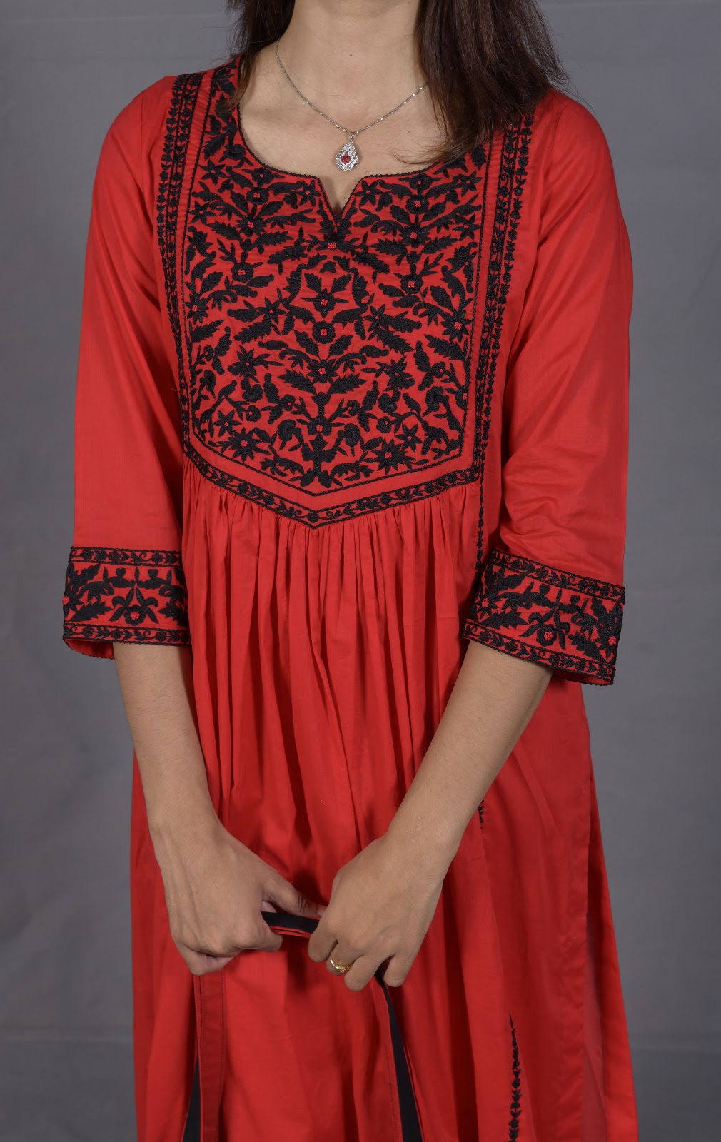 Black & Red Hand Embroidered Cotton Suit with Matching Bag - View 4