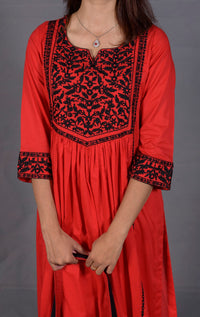 Black & Red Hand Embroidered Cotton Suit with Matching Bag - Editorial Lookbook Angle 4 - JFS965 | Joycelyn Fashion