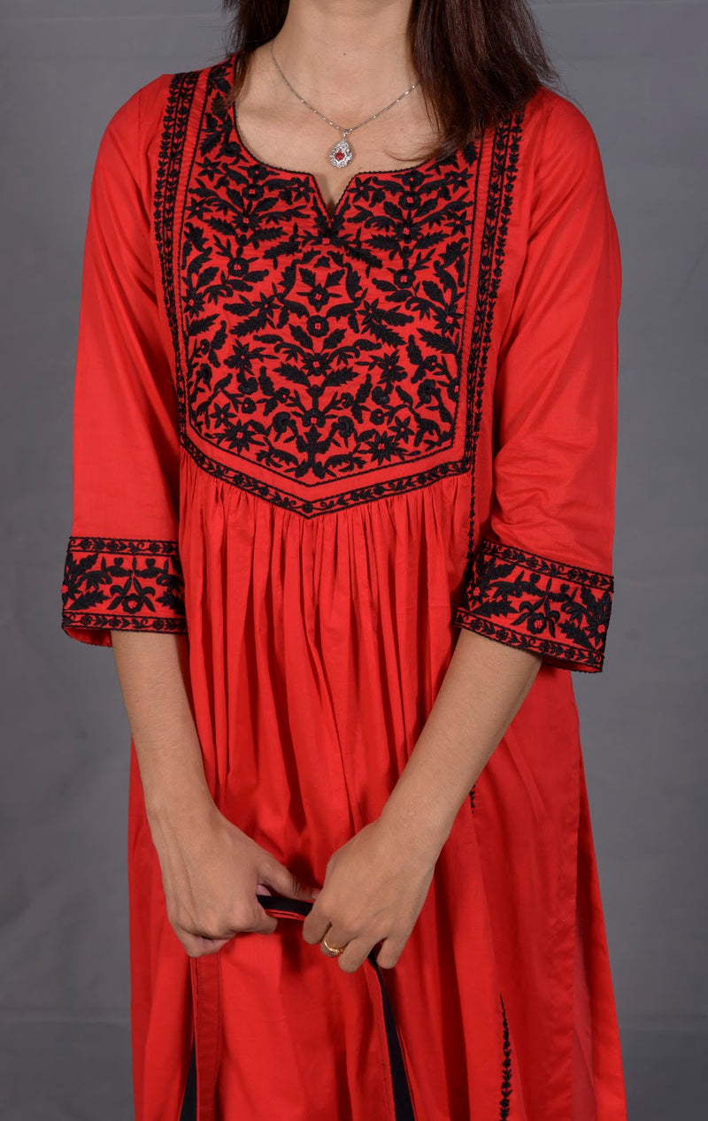 Black & Red Hand Embroidered Cotton Suit with Matching Bag &ndash; View 4