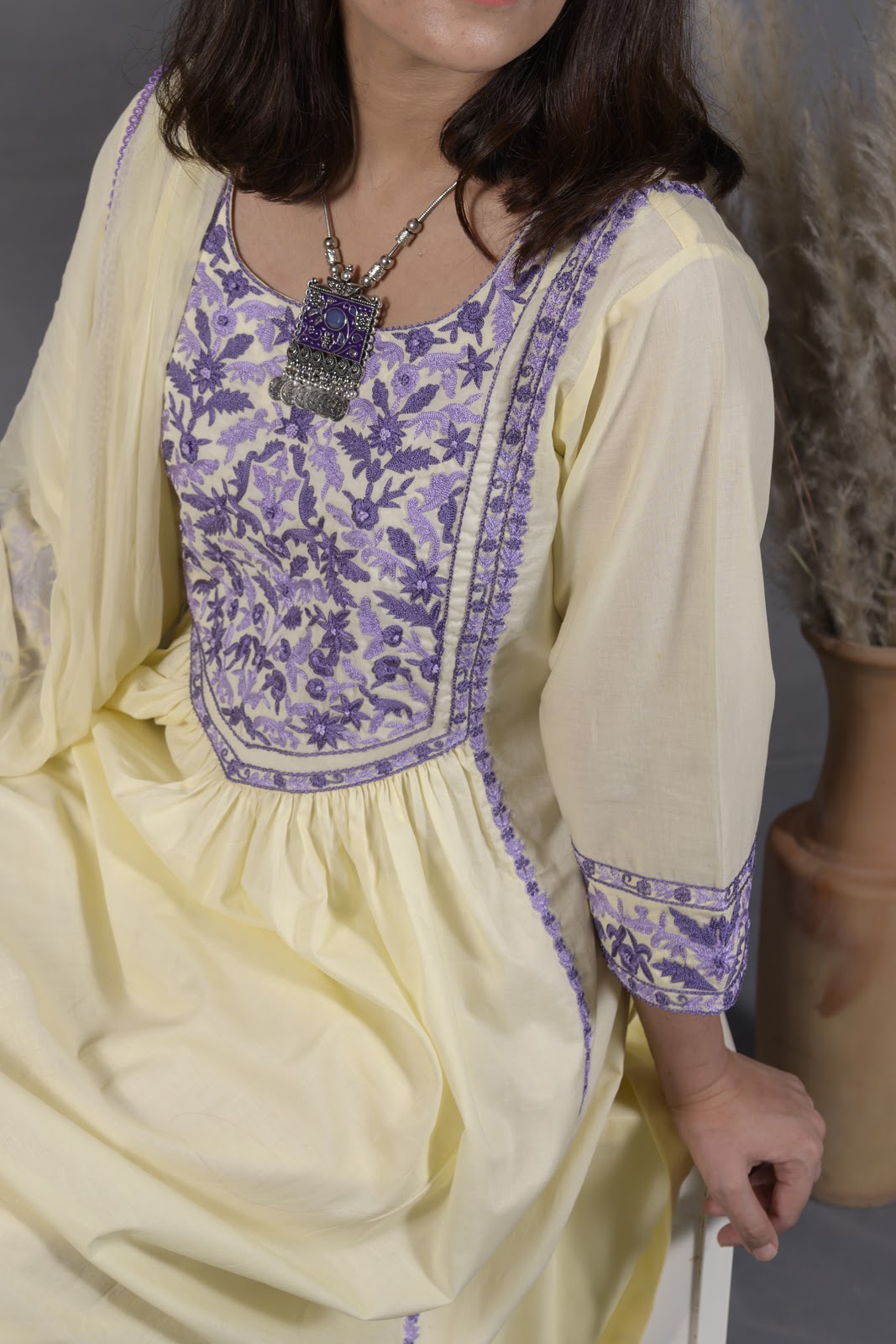 Pastel Lemon Yellow Hand Embroidered Cotton 3-Piece Suit - View 5