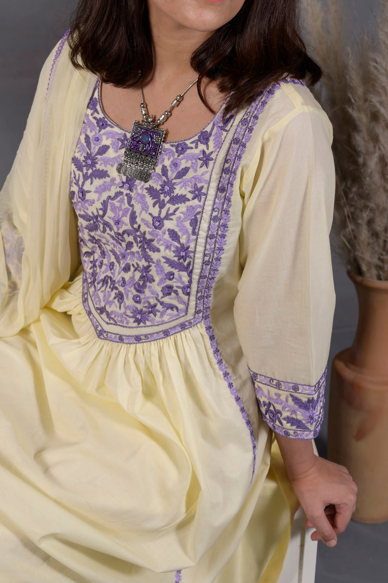 Pastel Lemon Yellow Hand Embroidered Cotton 3-Piece Suit &ndash; View 4