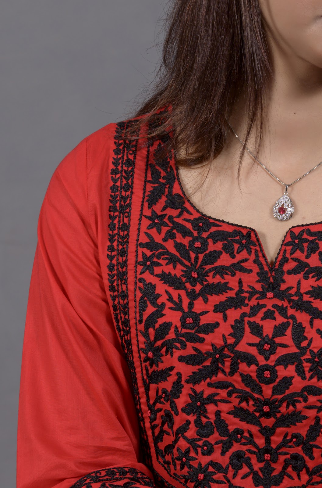 Black & Red Hand Embroidered Cotton Suit with Matching Bag - View 14