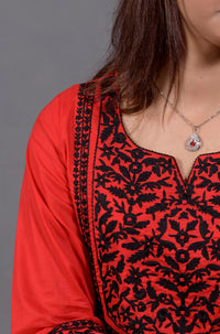 Black & Red Hand Embroidered Cotton Suit with Matching Bag - Editorial Lookbook Angle 14 - JFS965 | Joycelyn Fashion