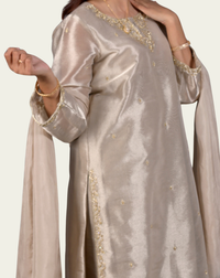Dupatta drape and styling of Silver Gray Katan Silk 3-Piece Suit with Hand Resham & Pearl Embroidery - JFF933 | Joycelyn Fashion