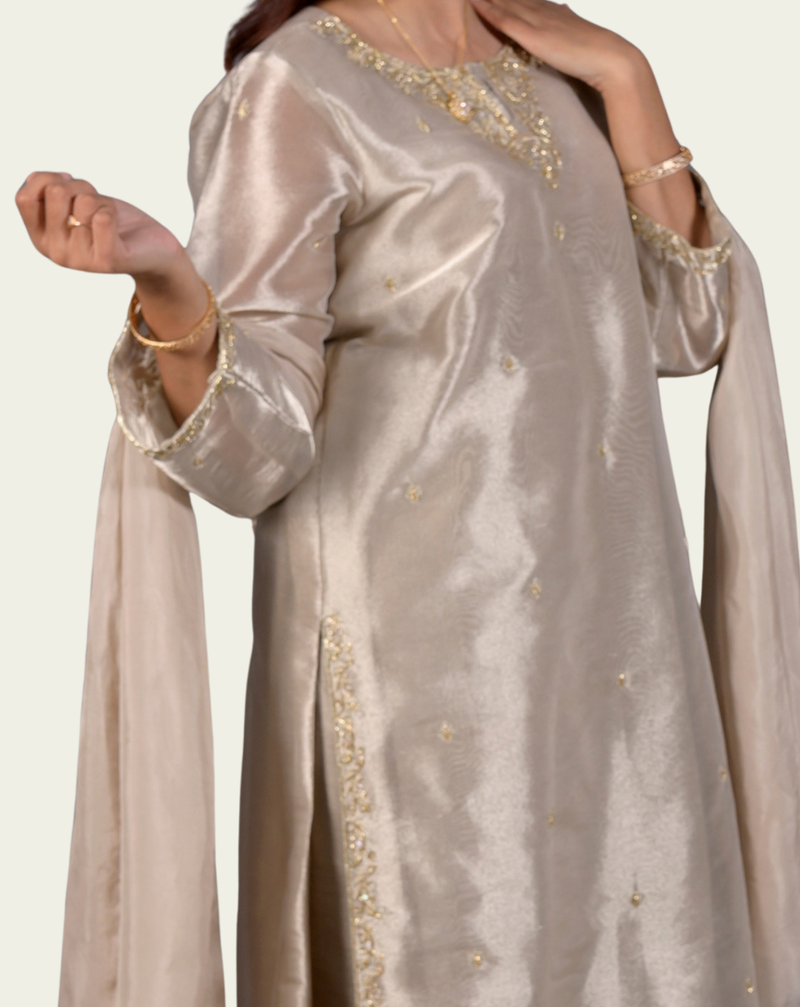 Silver Gray Katan Silk 3-Piece Suit with Hand Resham & Pearl Embroidery &ndash; View 3