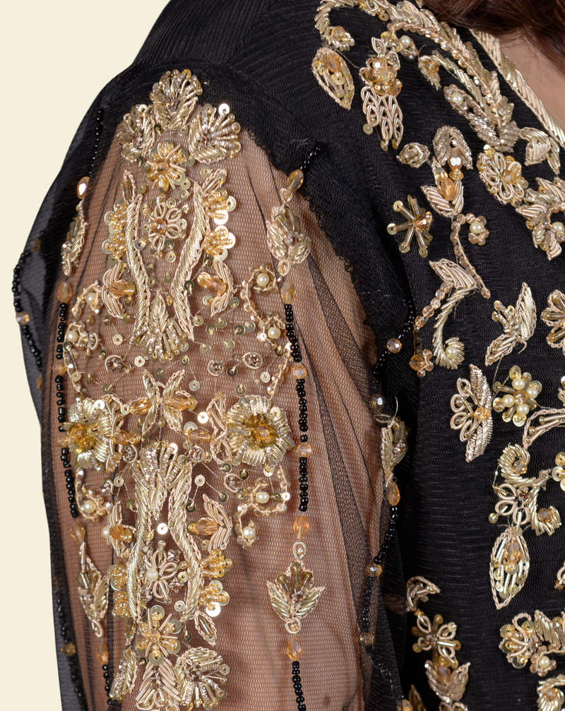 Black Pure Chiffon 3-Piece Suit with Hand Kora, Dabka, Pearl & Sequin Embroidery &ndash; View 1