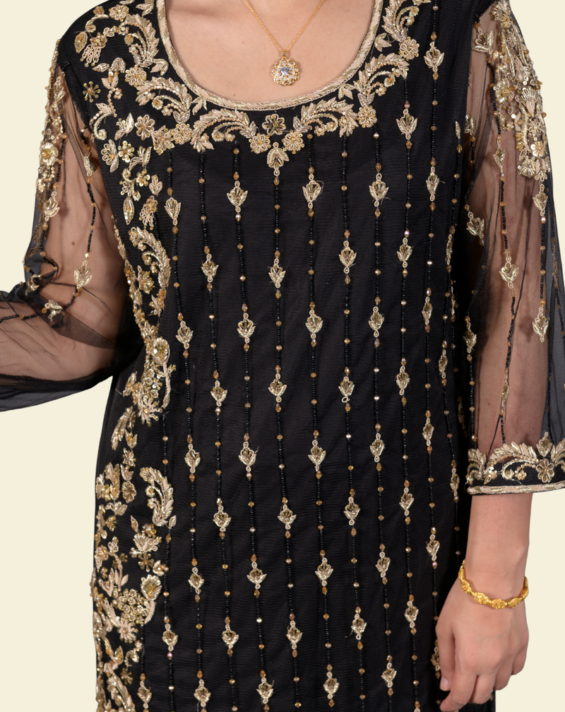 Black Pure Chiffon 3-Piece Suit with Hand Kora, Dabka, Pearl & Sequin Embroidery &ndash; View 4