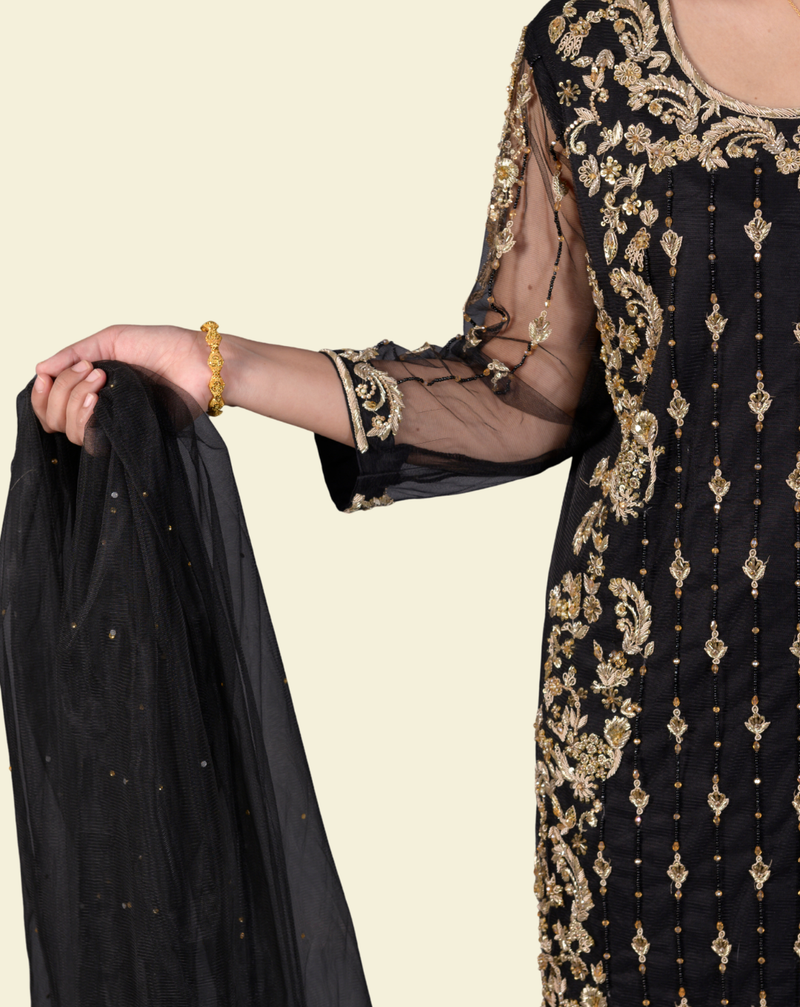 Black Pure Chiffon 3-Piece Suit with Hand Kora, Dabka, Pearl & Sequin Embroidery &ndash; View 3