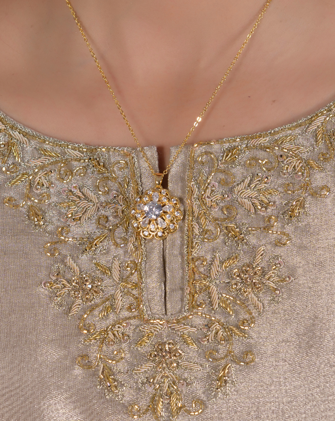 Silver Gray Katan Silk 3-Piece Suit with Hand Resham & Pearl Embroidery - View 4
