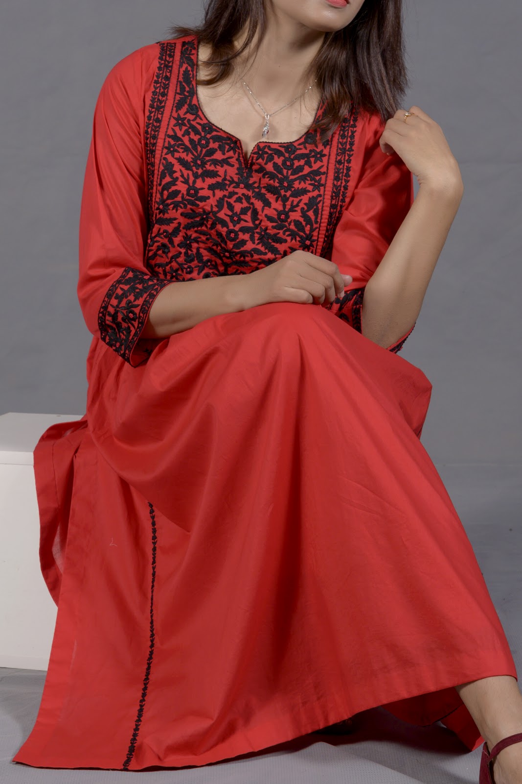 Black & Red Hand Embroidered Cotton Suit with Matching Bag - View 10