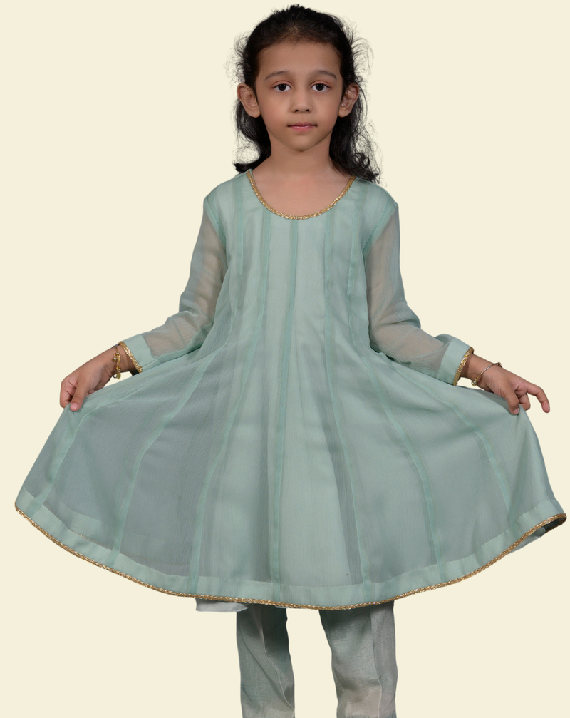 Mint Green Frock-Style Chiffon Suit with Kora & Dabka Hand Embroidery &ndash; View 4