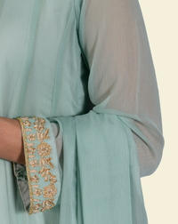 Mint Green Frock-Style Chiffon Suit with Kora & Dabka Hand Embroidery - Editorial Lookbook Angle 7 - JFF925 | Joycelyn Fashion