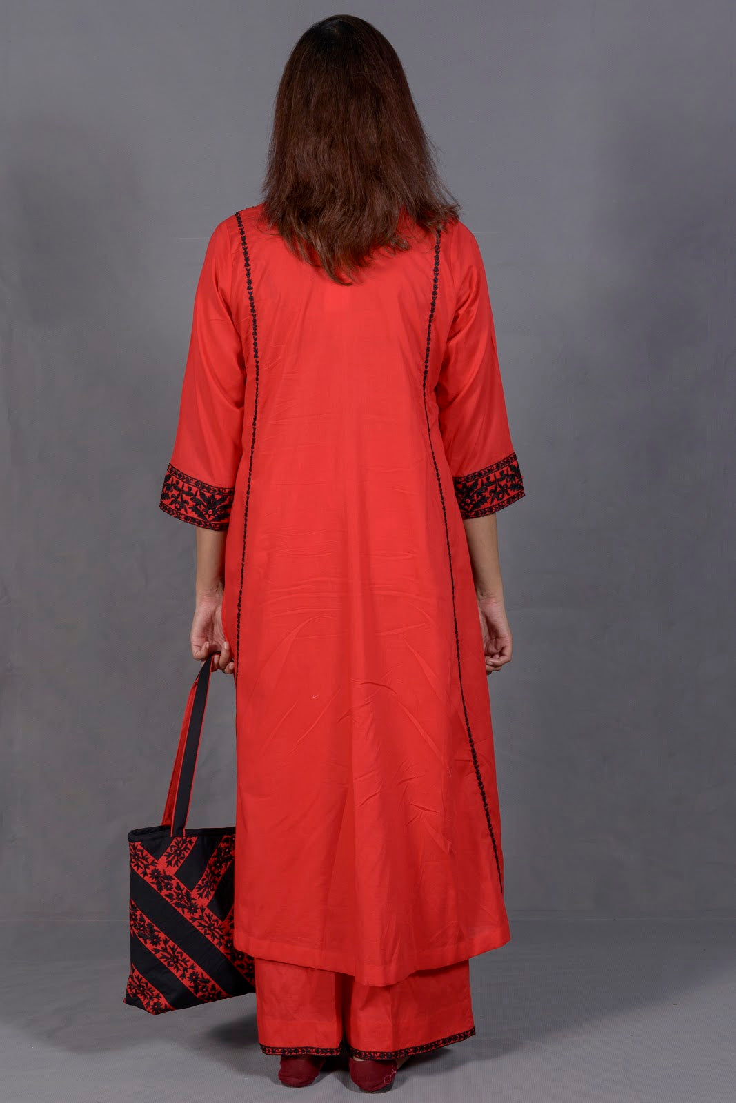 Black & Red Hand Embroidered Cotton Suit with Matching Bag - View 7