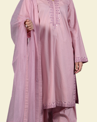 Hand-crafted embroidery and fabric detail of Pink Rose Shimmer Cotton 3-Piece Suit with Hand Mirror Embroidery - JFF940 | Joycelyn Fashion