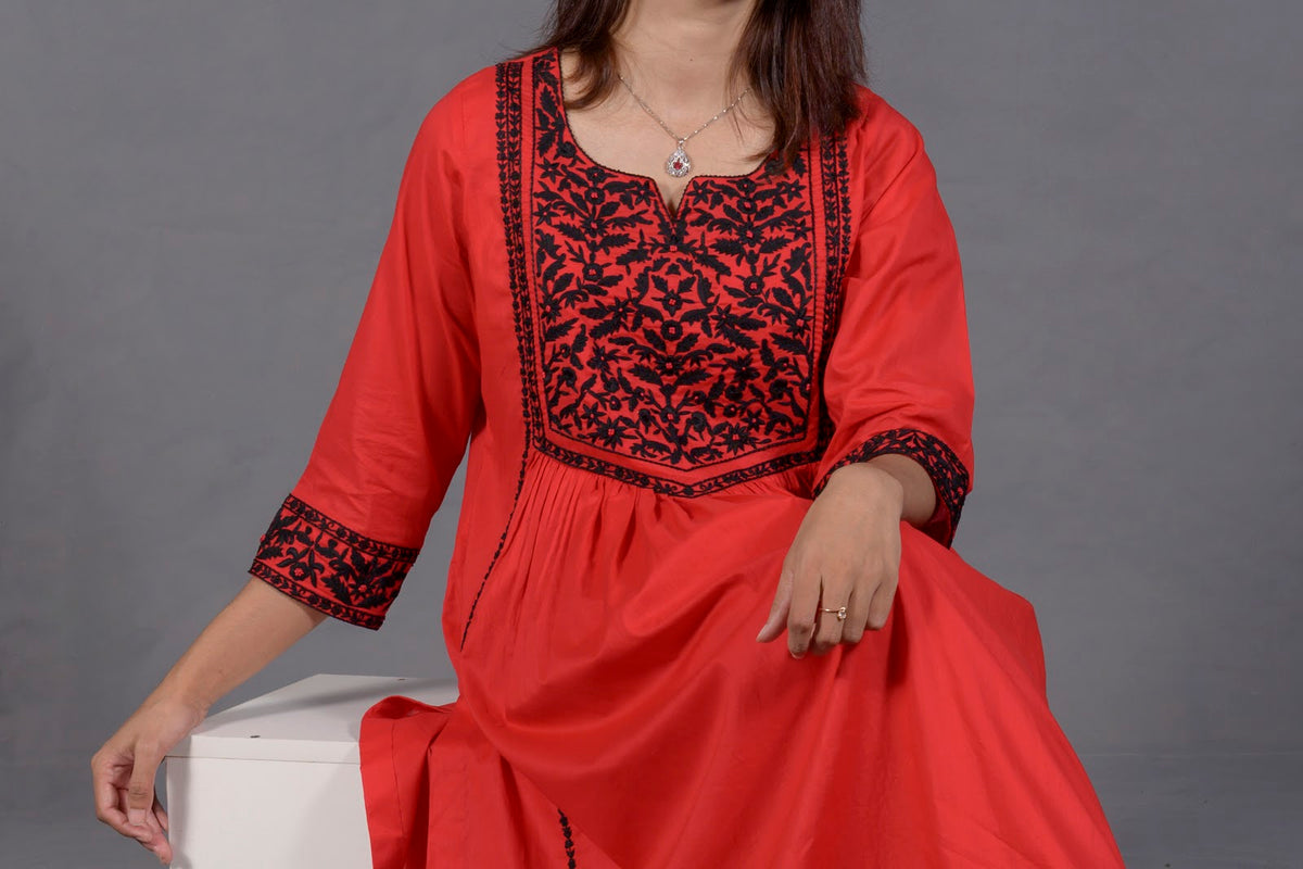 Black & Red Hand Embroidered Cotton Suit with Matching Bag - View 9