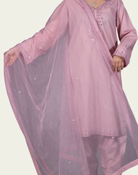 Purple Shimmer Cotton 3-Piece Suit with Hand Mirror Embroidery - Editorial Lookbook Angle 7 - JFF940 | Joycelyn Fashion