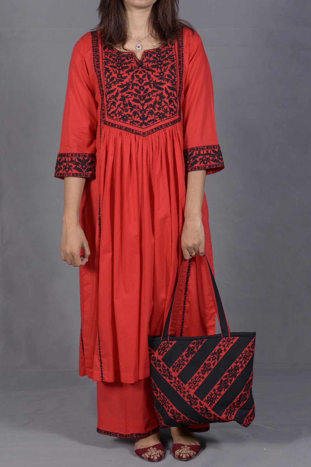 Black & Red Hand Embroidered Cotton Suit with Matching Bag - View 3