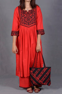 Dupatta drape and styling of Black & Red Hand Embroidered Cotton Suit with Matching Bag - JFS965 | Joycelyn Fashion