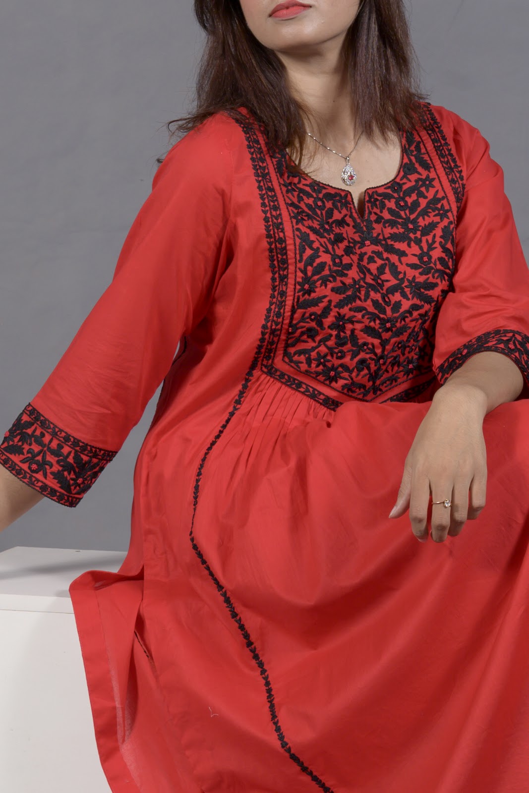 Black & Red Hand Embroidered Cotton Suit with Matching Bag - View 8