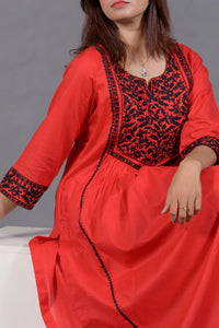 Black & Red Hand Embroidered Cotton Suit with Matching Bag - Editorial Lookbook Angle 8 - JFS965 | Joycelyn Fashion