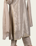 Silver Gray Katan Silk 3-Piece Suit with Hand Resham & Pearl Embroidery