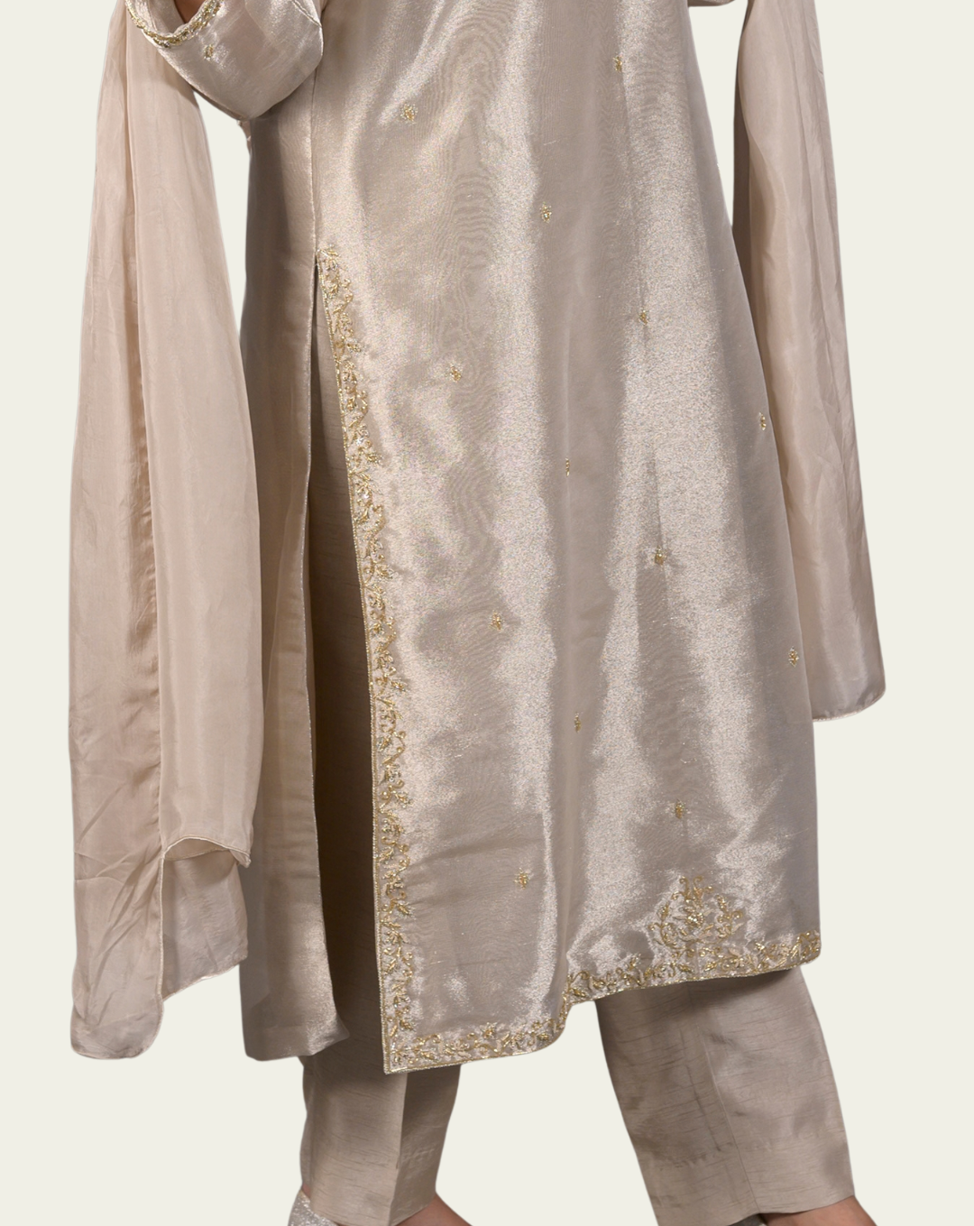 Silver Gray Katan Silk 3-Piece Suit with Hand Resham & Pearl Embroidery