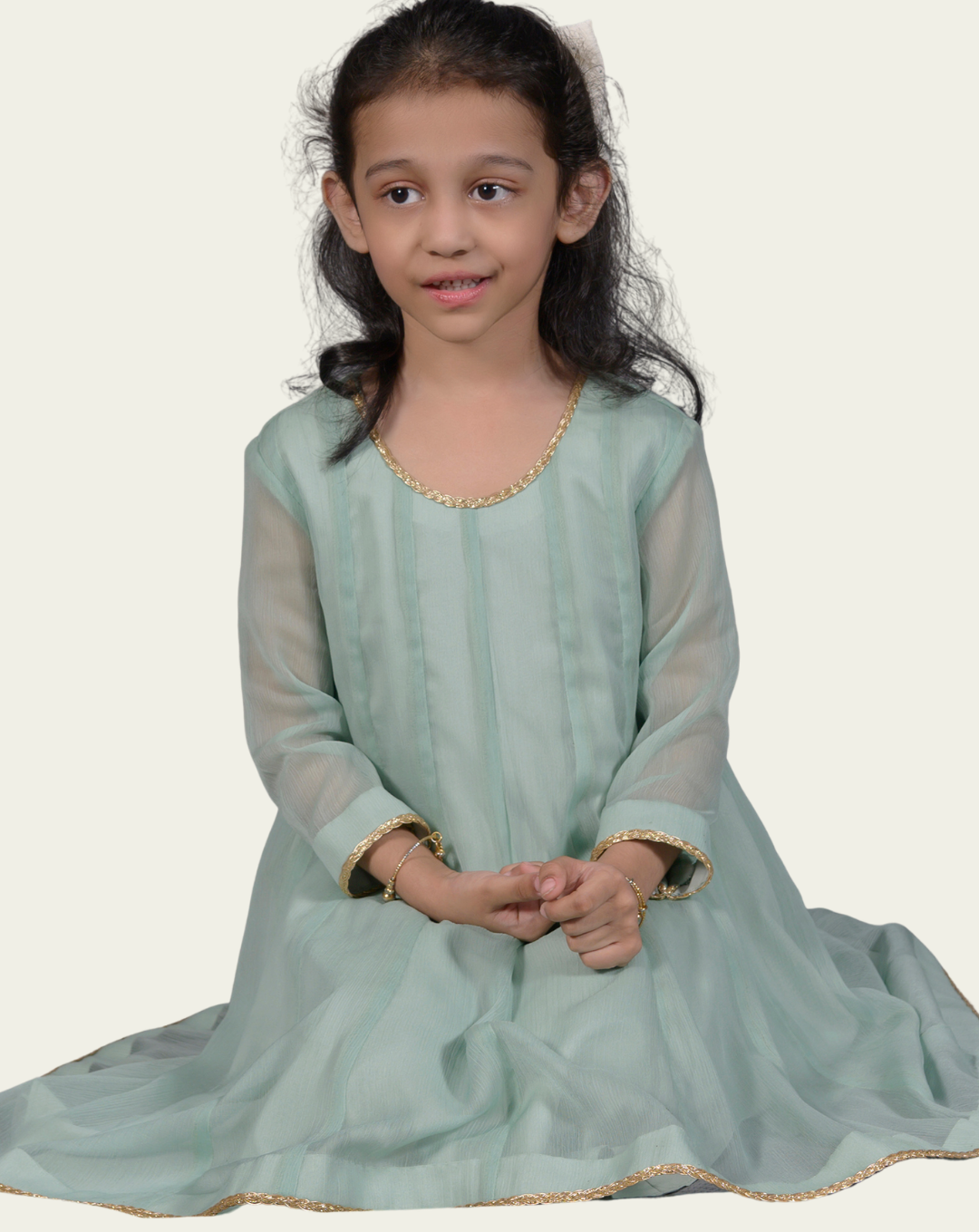 Mint Green Frock-Style Chiffon Suit with Kora & Dabka Hand Embroidery - View 5