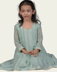 Mint Green Frock-Style Chiffon Suit with Kora & Dabka Hand Embroidery - Editorial Lookbook Angle 5 - JFF925 | Joycelyn Fashion